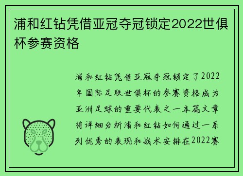 浦和红钻凭借亚冠夺冠锁定2022世俱杯参赛资格
